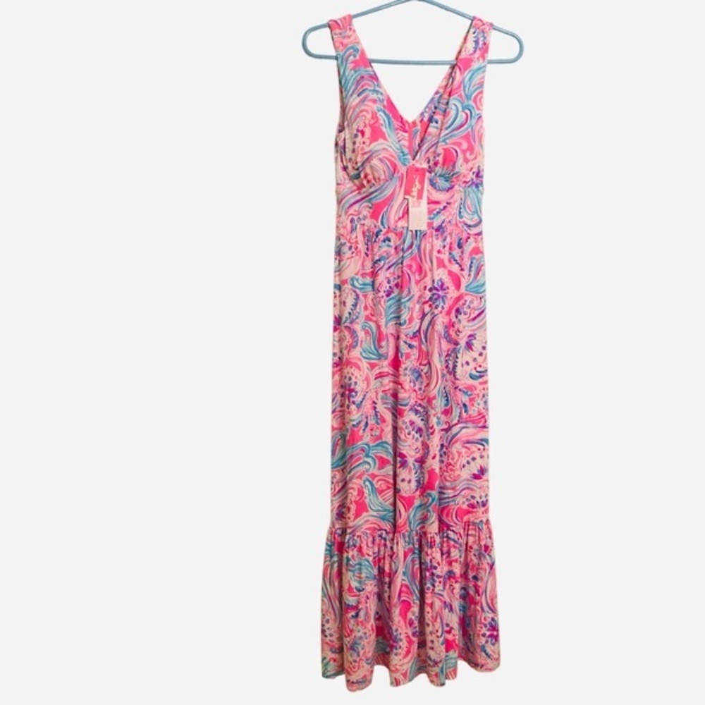 Lilly Pulitzer floral Don’t be Jelly Maxine Midi  Pink & Turquoise Dress 00 NWT